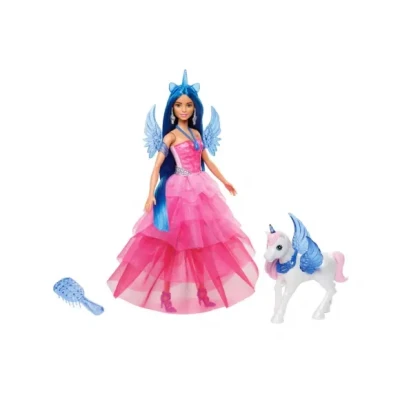 Afbeelding van Mattel Eenhoornpop met blauw haar, roze jurk en alicorn