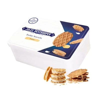 Afbeelding van Jules Destrooper geschenkdoos Crisp &#039;n Cream Vanille &amp; Natuurboterwafels boterwafels in koekblik Belgische koekjes 186g