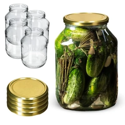 Afbeelding van KADAX Weck Set van 4 ronde inmaakpotten glas, 2,5 liter, diameter 100 mm, met goudkleurig deksel