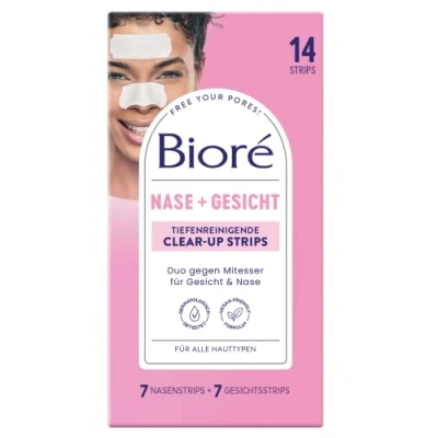 Afbeelding van Bioré Clear up Strips, 1 x 14 stuks, gezicht (7 strips) en neus strips), verwijdert mee eters onzuiverheden van neus, alle huidtypes
