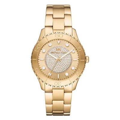 Afbeelding van Michael Kors Runway Dameshorloge, quartz uurwerk met roestvrij staal, keramiek of lederen band, Gouden toon en glitter, MK6911