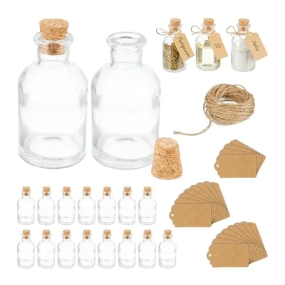 Afbeelding van Relaxdays glazen flesjes met kurk ronde kruidenpotjes 60 ml voorraadpotjes kruiden Pak van 20