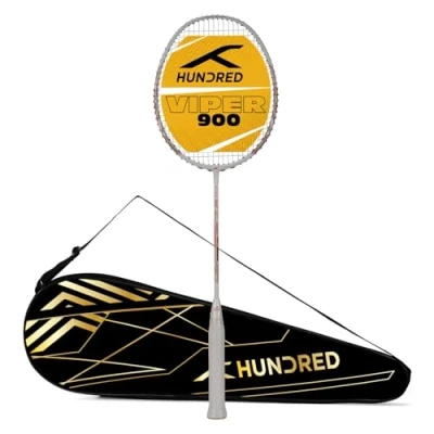 Afbeelding van Hundred Viper 900 koolstofvezel bespannen badmintonracket met volledige rackethoes (wit/rood) Voor gemiddelde spelers 79 gram Maximale snaarspanning 32 lbs
