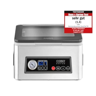 Afbeelding van CASO VacuChef 50 1416 roestvrijstalen vacuümverpakkingsmachine, 70 l/min, 4 kamervolumes, dubbel gelast (elk 2 mm), marinadefunctie, met 30 zakken verzegelde rand, reserveafdichting