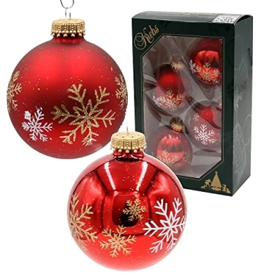 Afbeelding van Dekohelden24 Lauschaer Set van 4 glazen ballen in mat en glanzend rood, met de hand versierd sneeuwvlokken, gouden kroon, Ø ca. 7 cm