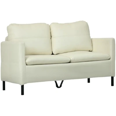 Afbeelding van HOMCOM 2 zitsbank 135 cm, met 4 kussens, eigentijdse stijl, stalen frame zwarte bekleding, stof in linnenlook, crème