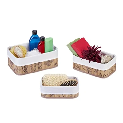 Afbeelding van Relaxdays opbergmand set van 3 badkamermand rechthoekig bamboe &amp; stof natuur