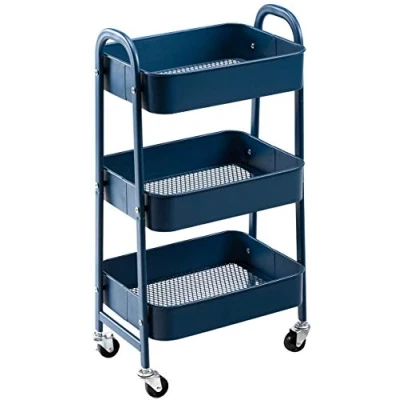 Afbeelding van DOEWORKS Trolley met 3 niveaus, metalen opbergwagen wieltjes, voor kantoor, make up of keuken, marineblauw