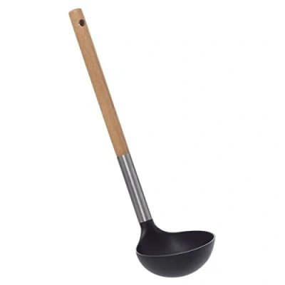 Afbeelding van 5Five Soep/Saus opscheplepel zwart/lichtbruin hout/rvs/kunststof 32 cm Keukengerei/soeplepel