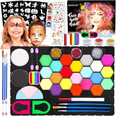 Afbeelding van MULEVIP make uppalet voor kinderen, 27 kleuren, gezicht, up, kermis, lichaamsverf, carnaval, met kwast, strass, Halloween, Kerstmis
