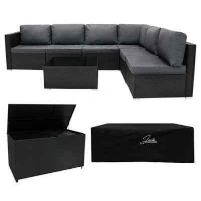 Afbeelding van Rotan Modulaire Tuinmeubelen 7 Delige Set &amp; 996L Opbergbox Serafina Zwart 5 Zits Zitbank Sectionele stoelen met Kussens Salontafel Waterdichte Hoes Voering Gasveren Hefmechanisme Wielen Buiten