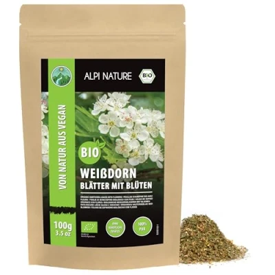 Image de Alpi Nature Aubepine Tisane BIO 100g, Тhé en Vrac, Feuilles et Fleurs d&#039;Aubépine Séchées Coupées