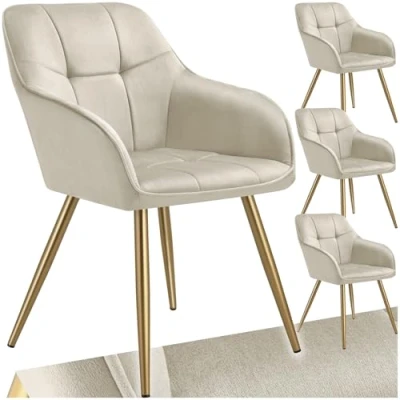Afbeelding van tectake® 4 x Fluwelen Stoel set van Eetkamerstoelen Met Gewatteerde Stof, Moderne Keukenstoelen, Comfortabele Fauteuil Voor Woonkamer, Eetkamer, Lounge creme / goud