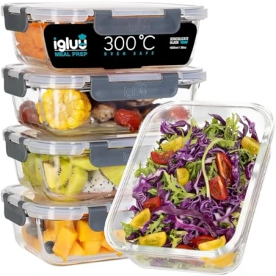 Afbeelding van Igluu Meal Prep Glazen containers met deksel (5 stuks) herbruikbare maaltijdbereidingscontainers, geschikt voor magnetron, oven, vriezer en vaatwasser (1050 ml 36 oz)