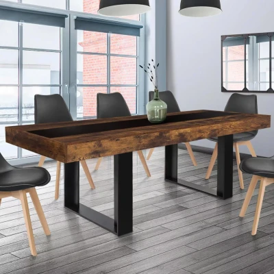 Image de Table à manger extensible PHOENIX 6 10 personnes bois effet vieilli et noir bande centrale noire 160 200 cm