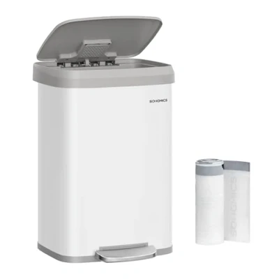 Afbeelding van SONGMICS Afvalemmer voor de keuken, 50 l, pedaalemmer van metaal met deksel, groot en hoog, wit grijs LTB530W03