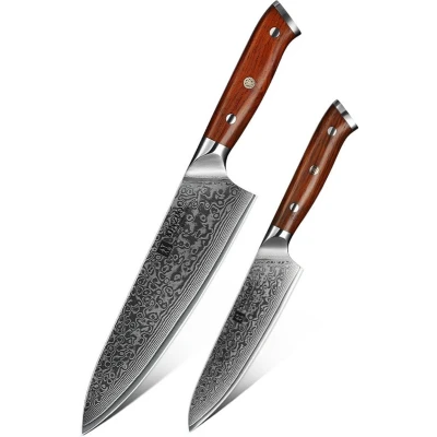 Afbeelding van Luxe en Professionele 2 delige Keukenmessen set van Damascus Staal (67 lagen, VG10) Rozenhouten handgrepen Xinzuo B13R Yu Series