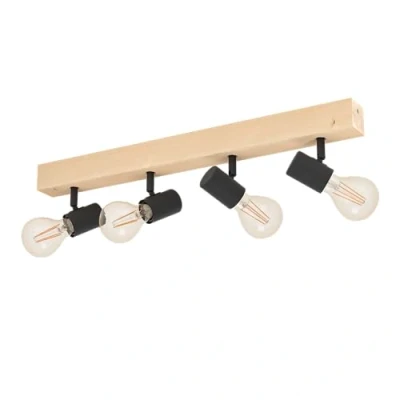 Afbeelding van EGLO TOWNSHEND 3 plafondlamp, vintage plafondspot met 4 vlammen in industrieel design, retro lamp van staal en hout, zwart, bruin, E27 fitting, FSC gecertificeerd