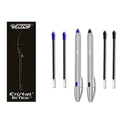 Afbeelding van Bic CRISTAL RE&#039;NEW Balpen, metaal, navulbaar, blauw en zwart, 2 pennen + 4 navulverpakkingen, cadeaupennen, school kantoor