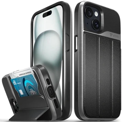 Afbeelding van VENA vCommute Portemonneehoesje compatibel met Apple iPhone 15 (6,1 inch), militaire valbescherming, lederen klaphoes kaartsleuf en kickstand Space Grey/Black