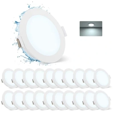 Afbeelding van Gr4tec led inbouwspot, 20 stuks, waterdicht, IP65, koudwit, 6500 K, 5 W, 400 lm, extra plat, 35 mm, plafondlamp, inbouwgat 68 80 inbouwspot voor woonkamer, slaapkamer