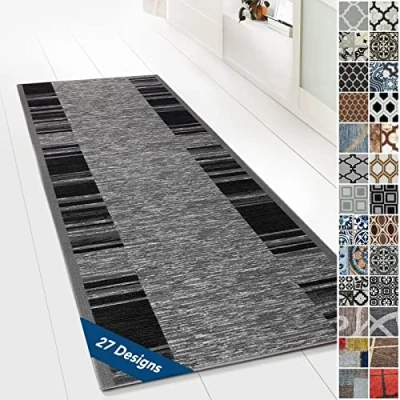 Afbeelding van Floordirekt Loper met patroon, tapijt fijne lussen op maat voor keuken, hal en woonkamer, vintage ornament, oosters raster (80 x 400 cm, marineblauw)