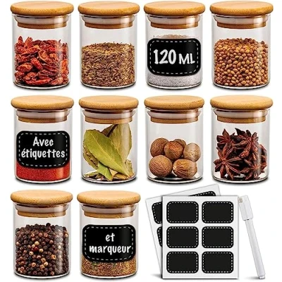 Afbeelding van kruidenpotjes van glas met deksel, 10 potten x 120 ml, voor keuken, luchtdicht, etiketten, vaatwasmachinebestendig, specerijen, kruiden en thee