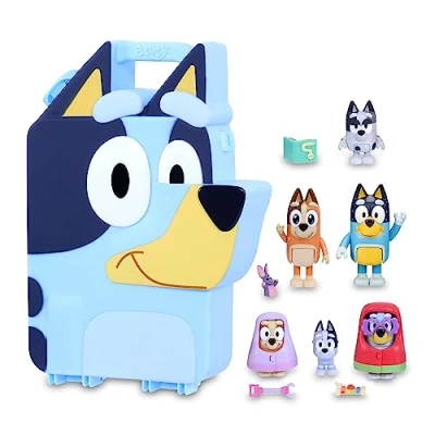 Afbeelding van Bluey Collector Case met figuren, puppyverzamelbox 6 figuren uit de tekenserie voor kinderen en 4 accessoires, jongens meisjes vanaf 3 jaar, beroemd (BLY52000)