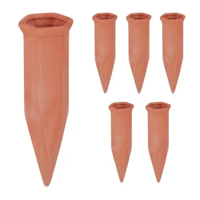 Afbeelding van Relaxdays waterdruppelaar 6 stuks druppelsysteem pet flessen keramiek terracotta