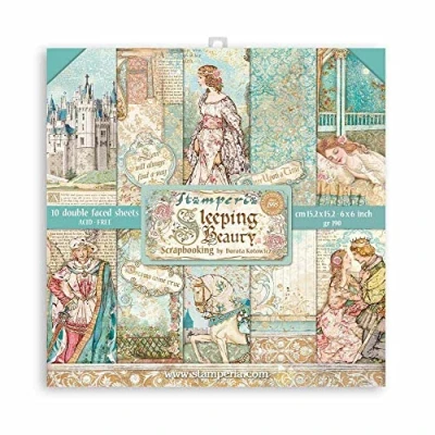 Afbeelding van Stamperia International Dubbelzijdig plakboekblok Doornroosje van hout, verschillende kleuren, 6 x inch