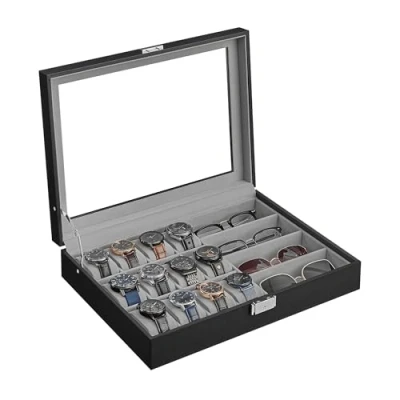 Afbeelding van SONGMICS horlogedoos, afsluitbaar, etui, organizer, met 16 vakken, deksel van glas, PU, voering duifgrijs en oppervlak in inktzwart JWB112G01