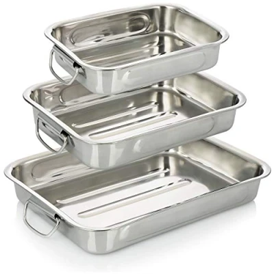 Afbeelding van COM FOUR® Set van 3 braad en bakplaten roestvrijstalen braadpan met handgrepen voor bakken ovenschaal (zilver, delig)