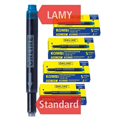 Afbeelding van ONLINE 20x vulpeninkt vullingen, compatibel met LAMY, Pelikan, Schneider etc, koningsblauwe inkt, universele vulpen inktpatronen, uitwisbaar en wasbaar, voordeelverpakking
