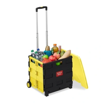 Afbeelding van Relaxdays boodschappentrolley met deksel inklapbaar vouwkrat 2 wielen kunststof geel