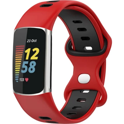 Afbeelding van iMoshion Bandje Geschikt voor Fitbit Charge 5 / 6 Siliconen sport band zonder gaatjes met zilver knoopje Rood
