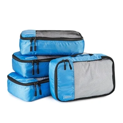 Image de Amazon Basics Lot de 4 cubes rangement zippés pour bagage, taille S, bleu ciel
