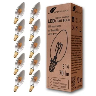 Afbeelding van Greenandco® led gloeilamp, vintage, E14, C35, zilvergrijs, 2 W, 70 lm, 1800 K, warm wit, 360 graden, 230 V, niet dimbaar, 10 stuks