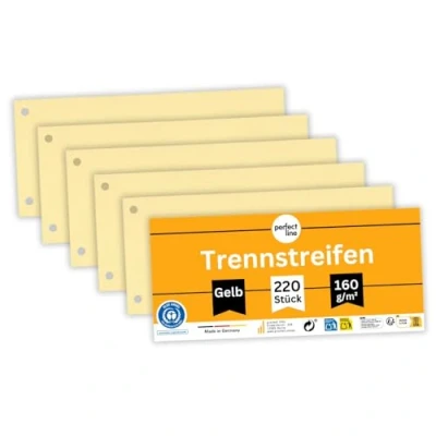 Afbeelding van perfect line 220 tabbladen voor A4 mappen, van gerecycled karton, geel, geperforeerd, gemaakt in Duitsland, Blauer Engel gecertificeerd