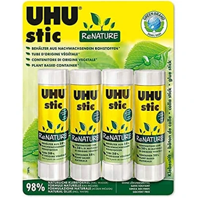 Image de UHU Stic ReNATURE Bâtons de colle sans solvants, blanche, lot 4 stics 40g
