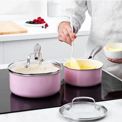 Afbeelding van GreenLife Artisan Roze 4 delige steelpanset met deksel inductie anti aanbak PFAS vrij