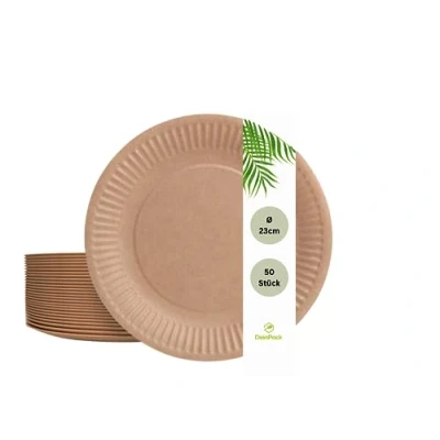 Afbeelding van DeinPack Set van 50 bruine papieren wegwerpborden, diameter 23 cm, recyclebaar en biologisch afbreekbaar