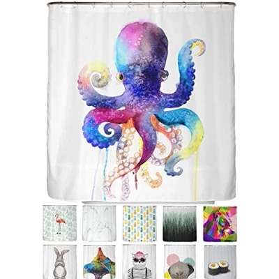 Afbeelding van Waterkleuren inktvis, anti schimmel douchegordijn 180 x 200 cm, gerecycled met Öko Tex Standard 100, verzwaarde zoom, ondoorzichtig, waterdicht, wasbaar, 12 ringen en e book