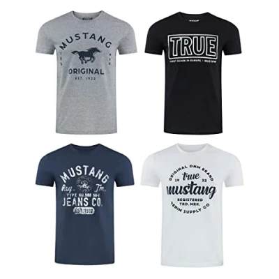 Afbeelding van Mustang Set van 4 T shirts voor heren met print op de voorkant en ronde hals, kleurenmix blauw zwart
