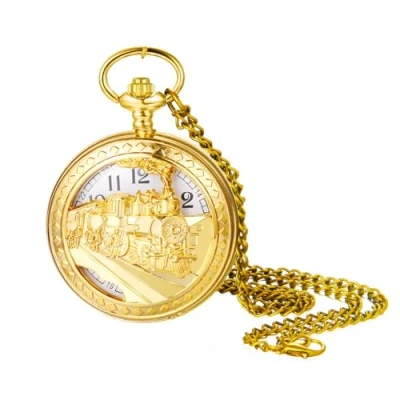 Afbeelding van JewelryWe Retro zakhorloge met ketting voor dames en heren, analoog, vintage horloge hanger, cadeau Gouden trein