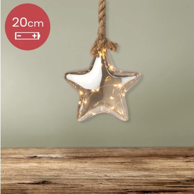 Afbeelding van Kerstster met jute touw en 15 LED lampjes 20cm Rook grijs
