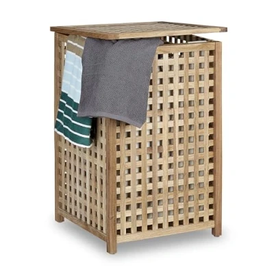 Afbeelding van relaxdays wasmand walnoot met deksel 75 L naturel
