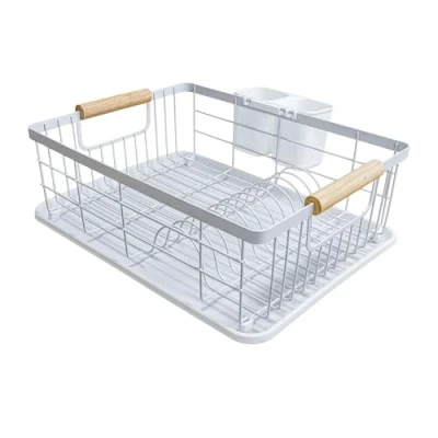 Afbeelding van Amig Graz afdruiprek 42 x 31,5 15 cm staal met houten handvat kleur wit afdruipplaat en bestekhouder capaciteit 10 borden 6 glazen