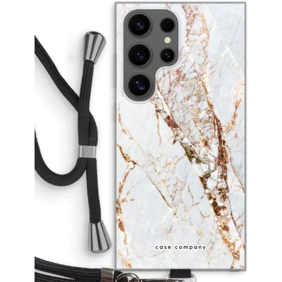 Afbeelding van Case Company® hoesje met Koord geschikt voor Samsung Galaxy S24 Ultra Goud marmer Telefoonhoesje Zwart Bescherming aan alle Kanten en Over de Schermrand