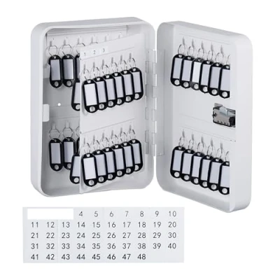Afbeelding van Relaxdays sleutelkastje cijferslot 48 haakjes met sleutelhangers en stickers ijzer wit