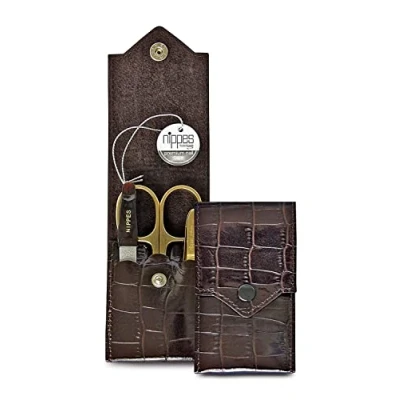 Afbeelding van Nippes Solingen 3 delige manicureset Croco instrumenten verguld echt rundleer etui met drukknop Premium Line donkerbruin